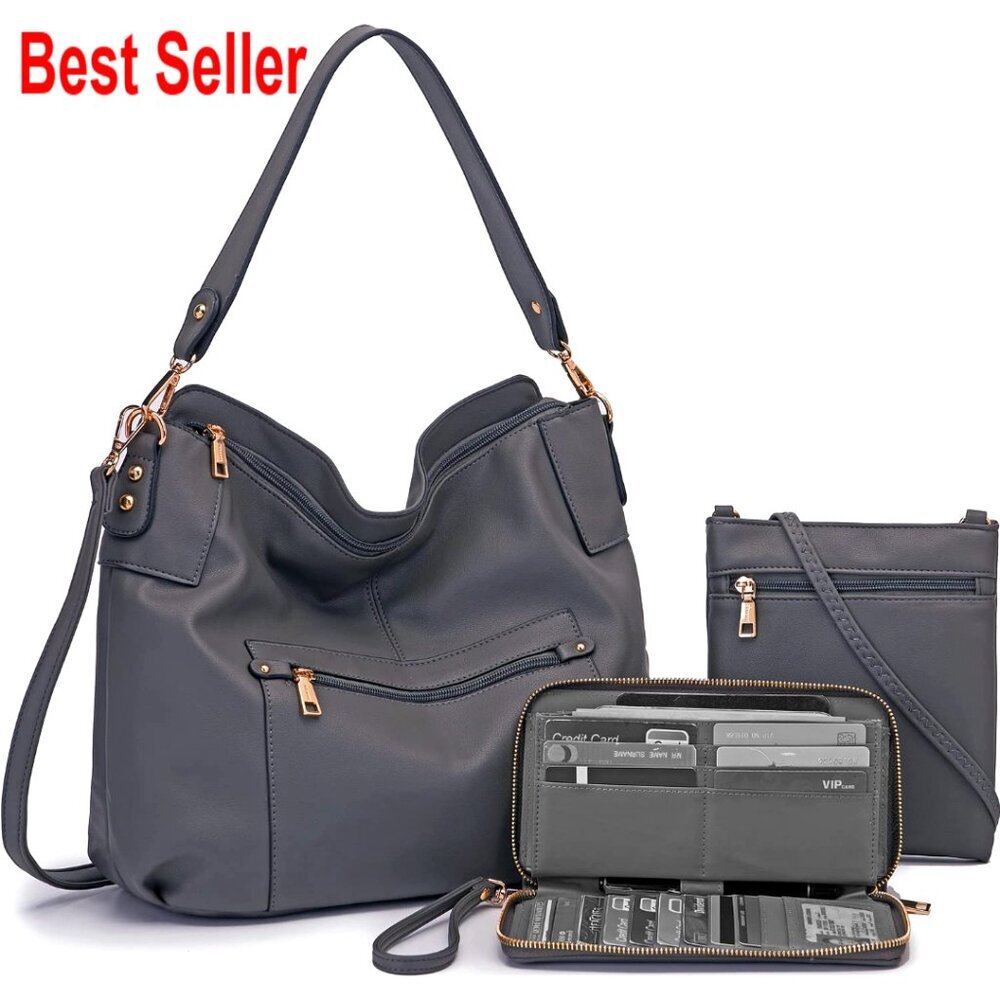 Large Hobo Crossbody Bag Set with Faux Leather, Wallet, Adjustable Straps